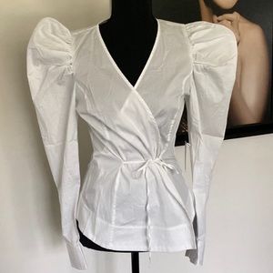 Jason Wu Cotton Wraparound White Blouse with Puff Sleeves Small NWT